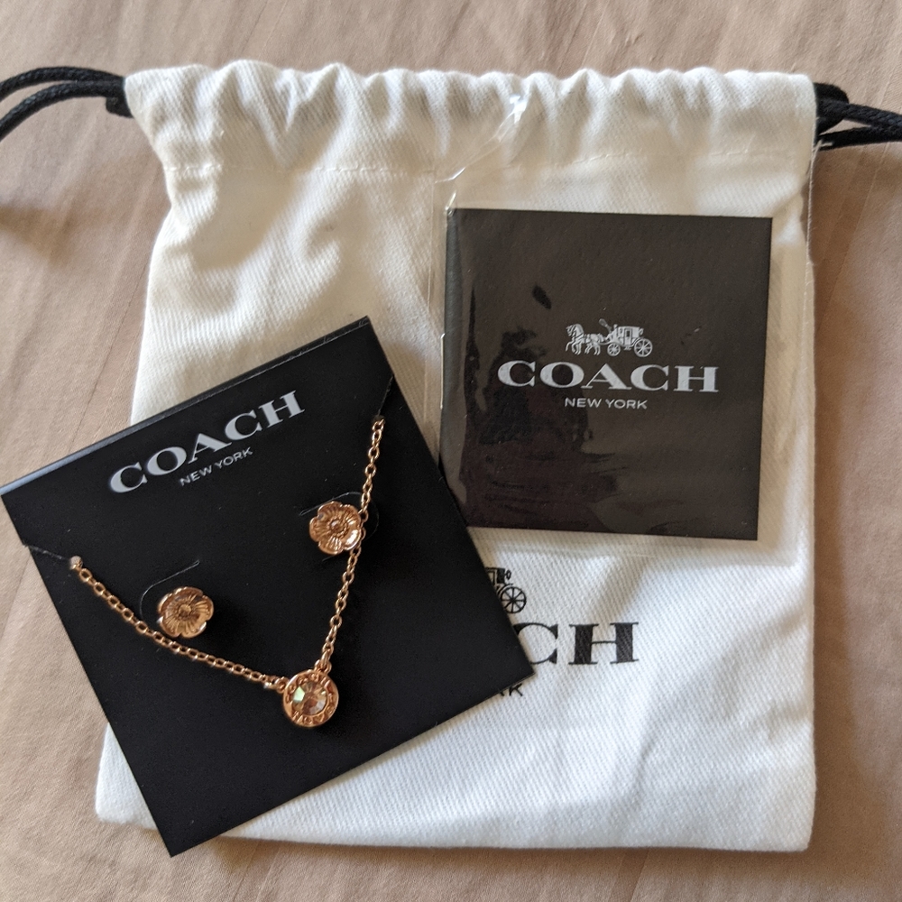 Coach jewelry open circle necklace and tea rose stud earrings set